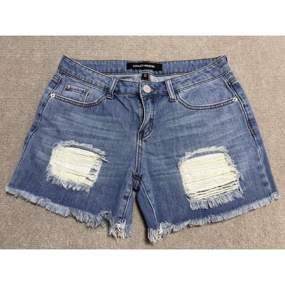 Ashley Mason Shorts Womens 25 Distressed Denim Frayed Hem Ripped Casual Summer - Picture 1 of 9